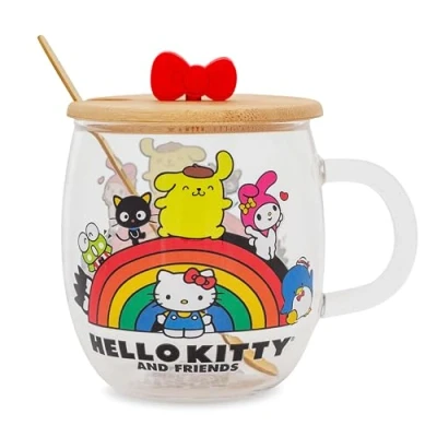 Image of Silver Buffalo Sanrio Hello Kitty and Friends Rainbow Glass Mug With Lid Spoon