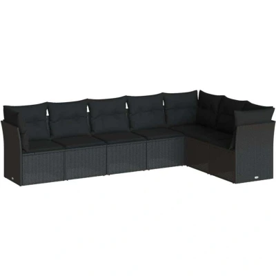 Image of vidaXL 7 Piece Garden Sofa Set with Cushions Black Poly Rattan