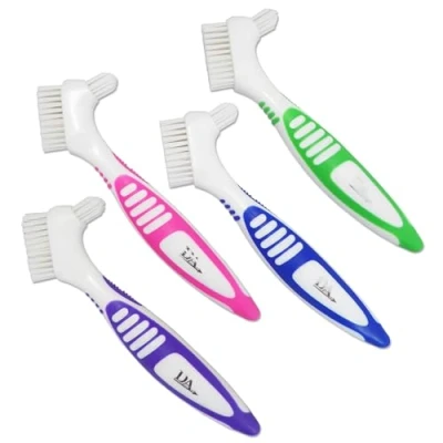 Image of 4 x Denture Brushes Rubber Grips, Easy Hold Handle, Double Bristle Head