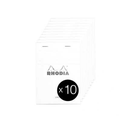 Image of RHODIA 13601C Stapled Notepad N13 White A6 Lined 80 Detachable Sheets Clairefontaine Paper g/m² Coated Card Cover Pack of 10 pads