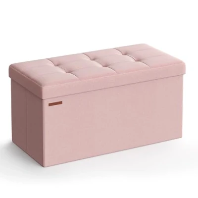 Image of SONGMICS Storage Ottoman, Foldable Small Ottoman Foot Rest, 38 x 76 cm Stool, Cube with Storage, Load up to 300 kg, for Living Room, Bedroom, Entryway, Jelly Pink LSF047R51
