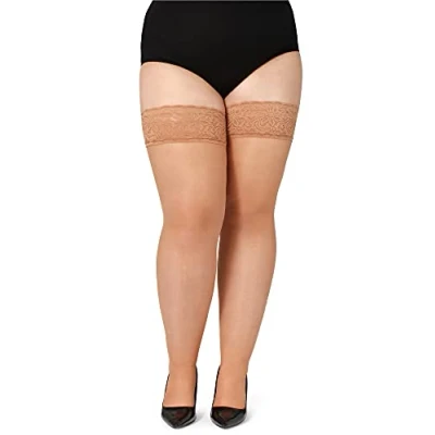 Image of Bellivalini Women&#039;s Hold Up Stockings with Lace Plus Size 20 DEN BLV 1126 (Amber, 3XL)