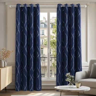 Image of Deconovo Home Decorative Thermal Insulated Curtains Blackout Foil Dotted Line Printed Eyelet for Girls Room W55 x L95 Navy Blue One Pair
