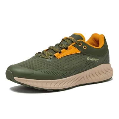 Image of HI TEC Avalon Trail Running Shoes for Men, Lightweight Breathable Mens Hiking Sneakers or Athletic Walking Black, Grey Green, Size 7 14 Men Shoes, Dark Green/Yellow/Tan, 9 UK