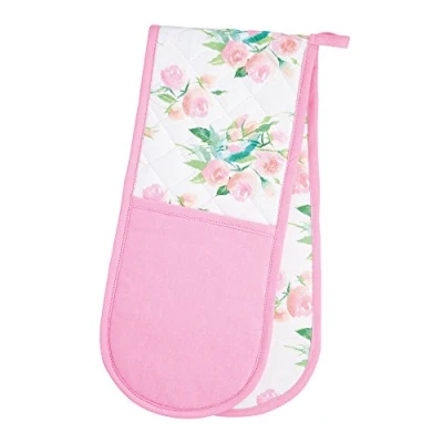 Image of KitchenCraft 100% Cotton &#039;Rose&#039; Floral Double Oven Gloves, 86 x 18 cm (34&quot; 7&quot;) Pink / White