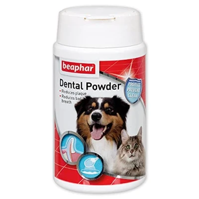 Image of Beaphar Anti Plaque Dental Powder For Dogs &amp; Cats Combats Tartar Prevents Bad Breath Sprinkle on Food 75g Tub