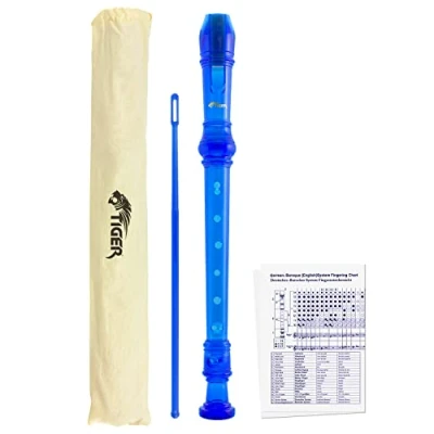 Image of TIGER REC7 BL Descant/Soprano School Recorder with Bag, Cleaning Rod and Fingering Chart, English/Baroque Blue