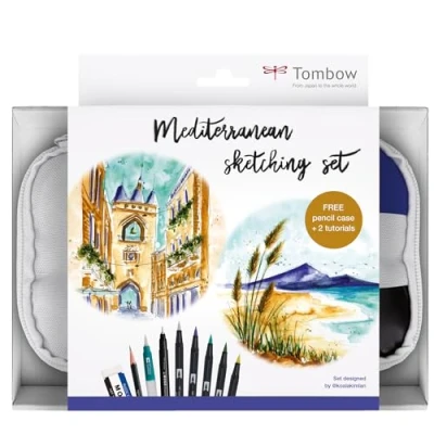 Image of Tombow Mediterane Drawing Set for URBAN Sketching, MONO Pen Case Including 100 Pencil, Fineliner, ABT Dual Brush Pen, Water Tank [MONO Set]