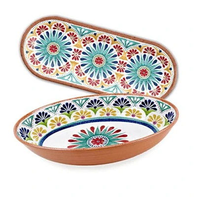 Image of Purely Home Rio Medallion Melamine/Plastic Outdoor/BBQ/Picnic Oval Bowl &amp; Serving Tray Set