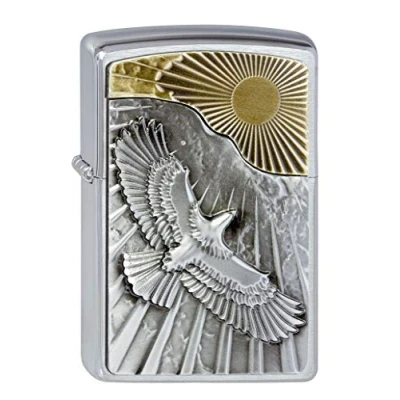 Image of Zippo Windproof Lighter Eagle Sun Fly Brushed Chrome Refillable for Lifetime Use Adjustable Flame Gift Box Metal Construction Made in USA