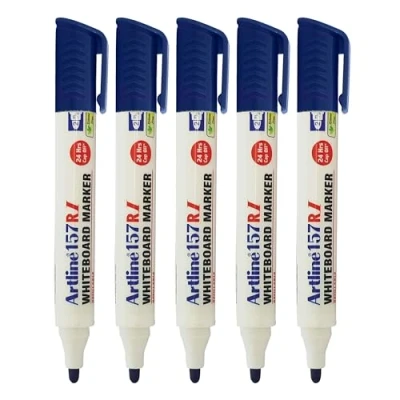 Image of artline 157ri Whiteboard Marker Pens, BLUE, Bold Point (2.0mm), Pack of 5, Easy Wipe Dry Erase Refillable, School Office Everyday Use