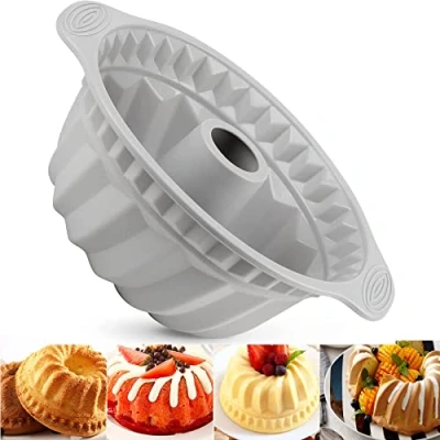 Image of LANYOTA Cake Mould Silicone Baking Pan, 24cm 9.5&#039;&#039; Fluted Tube Pan Ring Tin for Baking, Round with Handle Grips, Non Stick Coating Chiffon Cheesecake Gugelhupf (Grey)