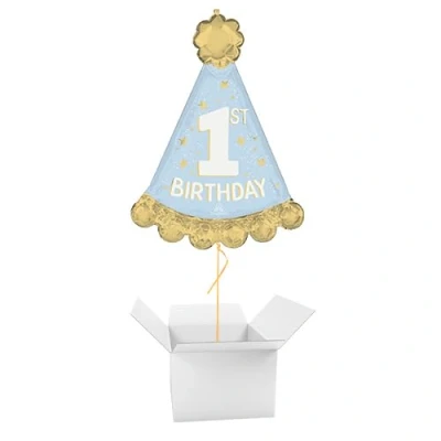 Image of Little Mister 1st Birthday Party Hat Giant Helium Foil Qualatex Balloon Inflated in a Box