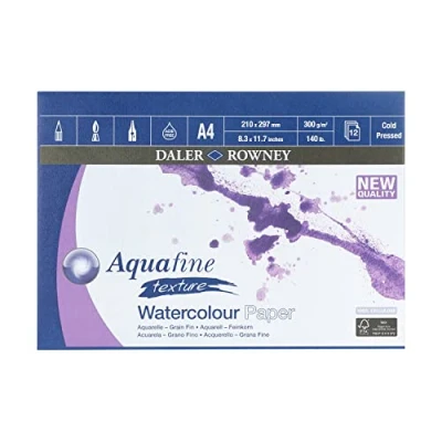 Image of Daler Rowney Aquafine Textured Cold Pressed Watercolour &amp; Gouache 300gsm A3 Paper Pad, Glued 1 Side, Natural White, 12 Sheets, Ideal for Professional Beginner Artists Students, Acid Free