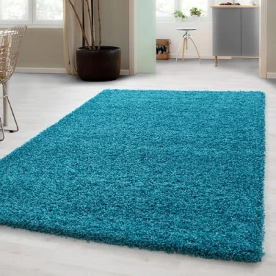 Image of Deep pile shaggy rug for living rooms, dining guest rooms with height of 3 cm. Plain OekoTex certified rugs. Cream, brown, purple, red, anthracite, taupe, mocha. , Plastic, turquoise, 80 x 150 cm