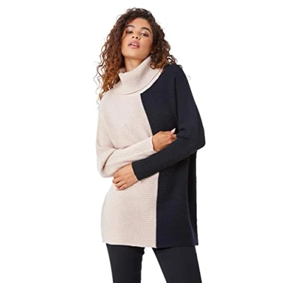Image of Roman Originals Colour Block Longline Roll Neck Jumper for Women UK Ladies Autumn Everyday Winter Holiday Long Sleeve Soft Top Chunky Knit Sweaters Natural Size 10