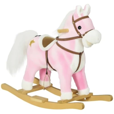Image of HOMCOM Kids Rocking Horse, Plush Ride On Horse with Music, Sound, Saddle, Wooden Base, Toy for Ages 3 6 Years Pink