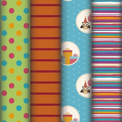Image of Clairefontaine 211400AMZC A Box of 10 Rolls Gift Wrapping Paper Excellia 80g Dimensions: 5x0.70m Pattern: Owls, Child, Stripes, Multicolor Wrapped