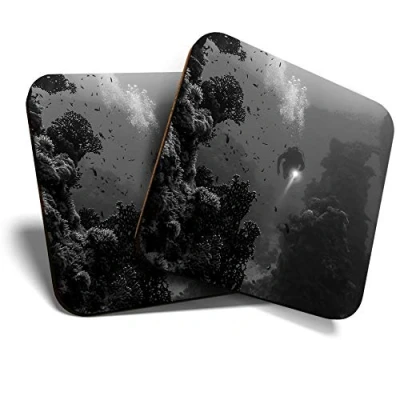 Image of 2 x Square Coasters Underwater Scuba Diver Diving Ocean Cork Backed Home Kitchen Accessory Tea Coffee Mug Mat #41189