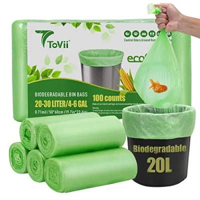 Image of ToVii 100 Counts Biodegradable Trash Bags,Small Bin Bags 20 30 Liter, 5.2 Gallon Garbage Wastebasket Liners,100% Recycled,Tough,degradable,Compost for Food/household/garden
