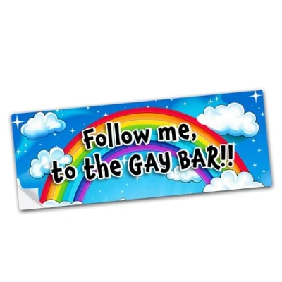 Image of Gay Pride Bumper Stickers Novelty Fun Car Large LGBT LGBTQIA Vinyl Decal Follow Me to The Bar Van Camper