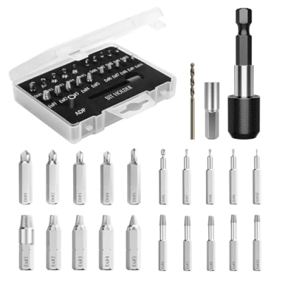 Image of Nuovoware Damaged Screw Extractor Set, 22 PCS Easy Out Stripped Kit, All purpose HSS Broken Remover Set with Magnetic Extension Bit Holder &amp; Socket Adapter, Silver