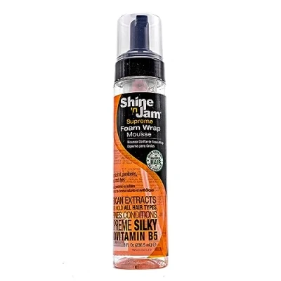 Image of Ampro Shine n Jam Supreme Hold Foam Wrap Mousse Fortified with Silk Proteins Gives Your Styles Definition Alcohol Free Formula Conditions Hair Provitamin B and African Extracts 236.5 ml