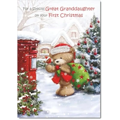 Image of doodlecards Great Granddaughters First Christmas Card Cute Bear at Post Box Medium Size with Plain Envelope