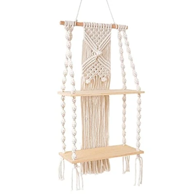 Image of Wall Hanging Shelf With Rope Tapestry Macrame, Boho Style Floating Mount Shelving, Rustic Multiple Tiered Shelving Storage Home Organisation