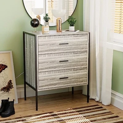 Image of Vida Designs Brooklyn Industrial Chest of Drawer Rustic Bedroom Storage Unit, Cabinet Dresser with Metal Frame (Grey, 3 Drawer)