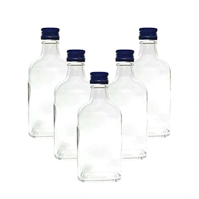 Image of 10 x Flask Glass Bottles 200 ml (0.2L) &amp; Metal Screw Caps (Twist on Lids) Home Brewing Gin Oil Vinegar Wine Vodka DIAH (Blue Caps)
