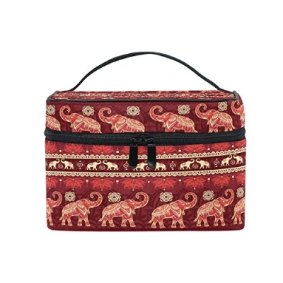 Image of Makeup Bag, Elephant Indian Style Print Cosmetic Toiletry Storage Organiser Case Large Travel Handle Personalised Pouch with Compartments Best Valentines Women Day Gift for Teenage Girl Lady Red