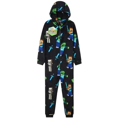 Image of Minecraft Boys Fleece Onesie, Hooded Onesie Pyjamas Gifts for Gamers (Black Aop, 9 10 Years)