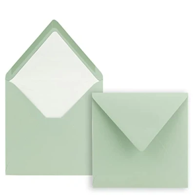 Image of 25 x Square Envelopes, 16 cm, Eucalyptus, Envelopes with White Silk Lining, Without Window and Wet Adhesive, for Invitation Cards Weddings Birthdays