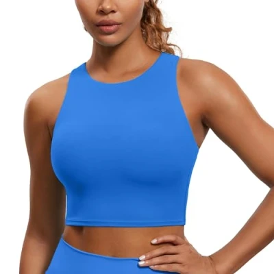 Image of CRZ YOGA Women&#039;s Butterluxe Racer Back Padded Sports Bra High Neck Longline Crop Top Gym Workout Tank Tops with Built in Sparkle Blue 10