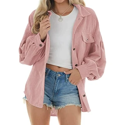 Image of NLAVW Women&#039;s Corduroy Shirt with Button Placket Oversized Long sleeved Jacket Blouse Tops Jacket,Pink,S