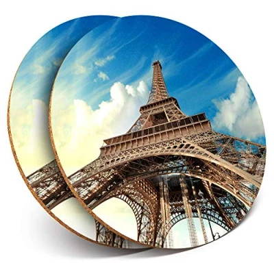 Image of 2 x Round Coasters Eiffel Tower Paris France French Cork Backed Home Kitchen Accessory Tea Coffee Mug Mat #15736