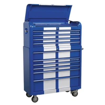Image of Sealey Premier Retro Style Extra Wide Topchest &amp; Rollcab Combination 10 Drawer Blue/White Stripes