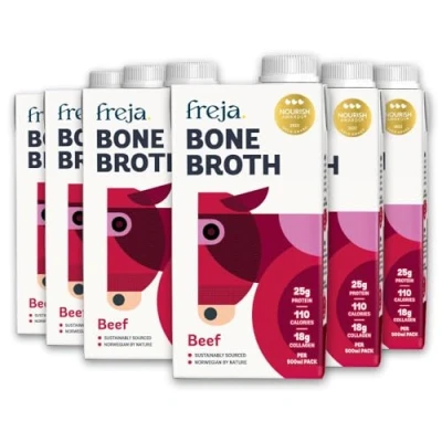 Image of Beef Bone Broth Grass Fed Collagen, Protein &amp; Amino Acids Low Carb, Keto Gluten Free Clear Liquid Broth, not Stock Cubes, Powder or Concentrate 6 x 500ml