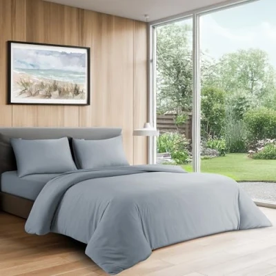 Image of LYMA Complete Bedding Set Double Plain Duvet Cover, Fitted Sheet &amp; 2 Pillow Cases 50x75CM, OEKO TEX Certified, Ultra Soft NanoPlush Brushed, Button Closure, Wrinkle Fade Resistant (Light Grey)