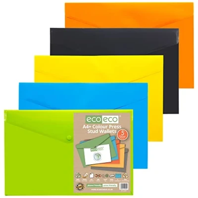 Image of eco A4+ 50% Recycled Assorted Colours Press Stud Popper Wallet, Plastic Folders (Pack of 5), eco035