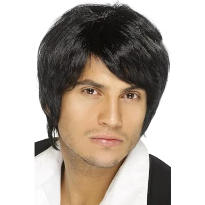 Image of Smiffys Boy Band Wig, Black Short Style, Icons &amp; Idols Fancy Dress, Adult Dress Up Wigs