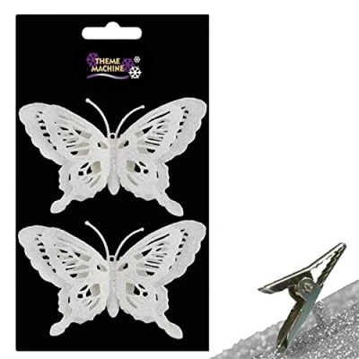 Image of Christmas 2 Pack Clip on Glitter Butterfly Tree Decoration White
