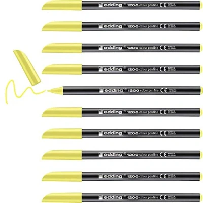 Image of edding 1200 colour pen fine neon yellow 10 pens round tip 1 mm felt for drawing and writing school or mandala