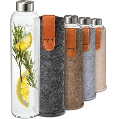 Image of Cosumy Glass Water Bottle 750ml with Felt Cover Dishwasher Safe Leakproof BPA Free Carbonated Suitable (Anthracite)