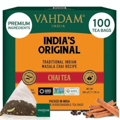 Image of VAHDAM, India&#039;s Original Masala Chai Tea Bags (100 Count) Non GMO, Gluten Free, No Added Flavoring Blended w/ Exotic Spices Whole Leaf Resealable Ziplock Pouch