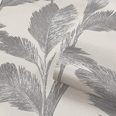 Image of Full Roll Silver Alessia Leaf Wallpaper Grey Textured Embossed Metallic Vinyl