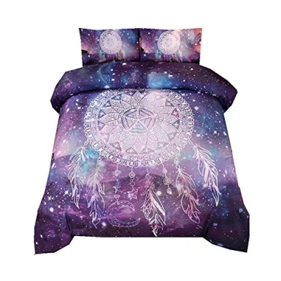 Image of Bohemia Indian Flower Dream Catcher Purple Blue Mandala Bedding Set with Pillow Case, Mystery Galaxy Star Unicorn Animal Duvet Cover (Dream 1, Double 200x200cm)