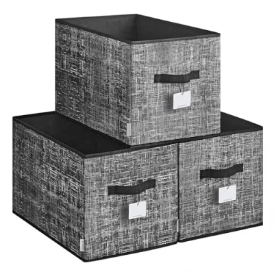 Image of SONGMICS Set of 3 Folding Fabric Storage Boxes 50 x 30 cm for Wardrobe 2 Handles Label Bedroom Living Room Ink Black ROB450B01