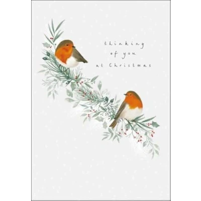 Image of Woodmansterne Thinking of You Christmas Card Two Robins on a Tree Branch Eco Friendly and Recyclable